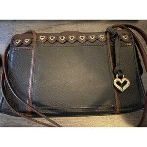 Vintage Brighton Black Leather Shoulder Bag With Heart Accents & Brown Trim